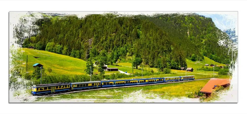 Meistverkauft Holzbild Eisenbahn in einer Sommerlandschaft in der Schweiz 50 x 50 cm