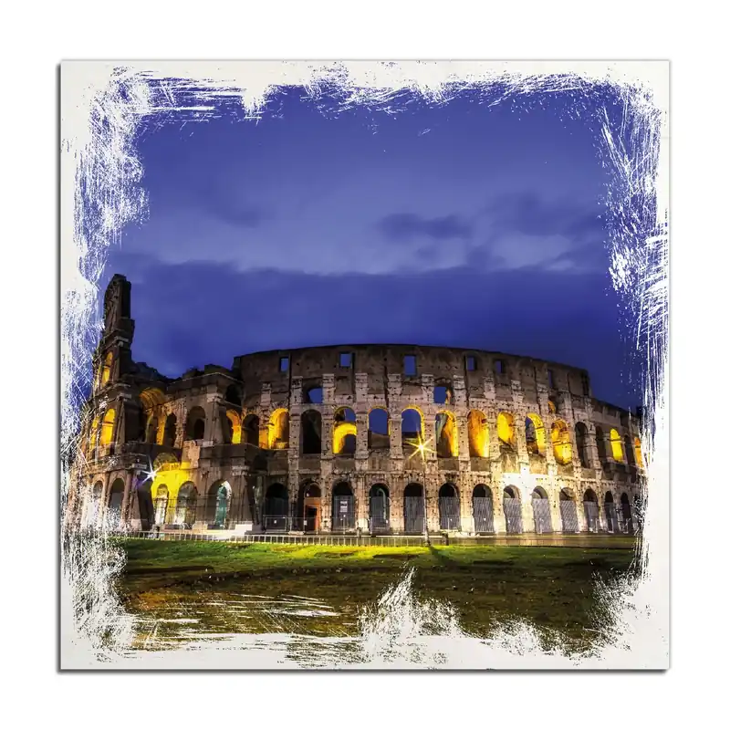 Knallerangebot Holzbild Italien bei Nacht - Kollosseum in Rom, beleuchtet am Abend 50 x 50 cm