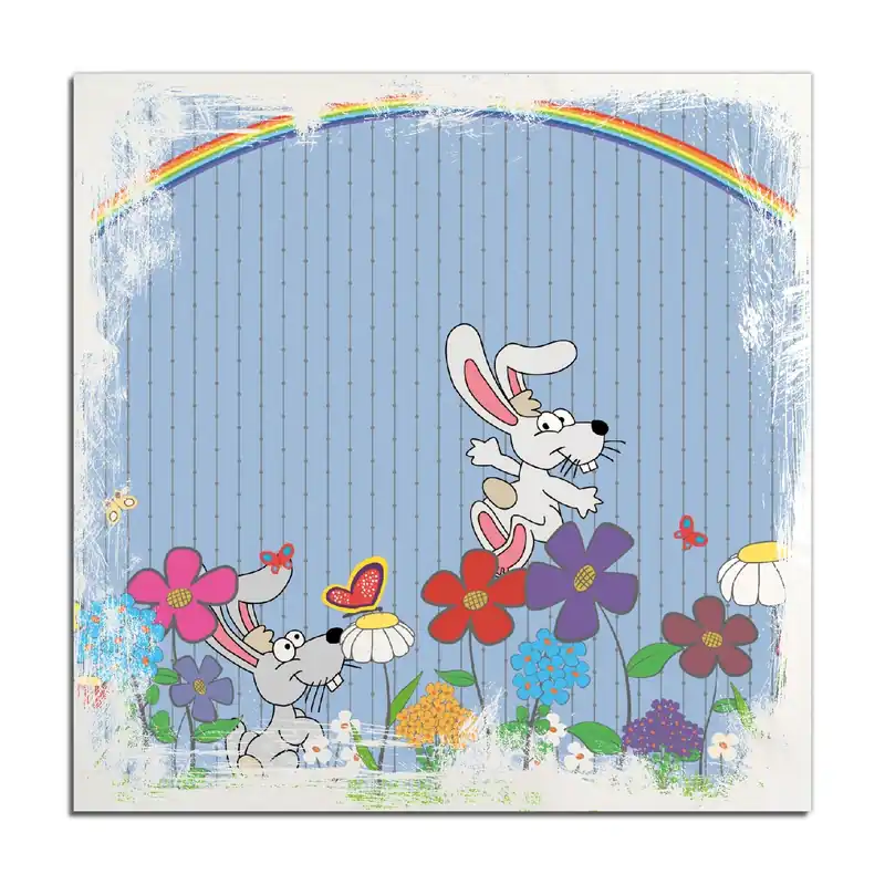 Holzbild Süße Hasen unter einem Regenbogen 60 x 90 cm Wochenendangebot