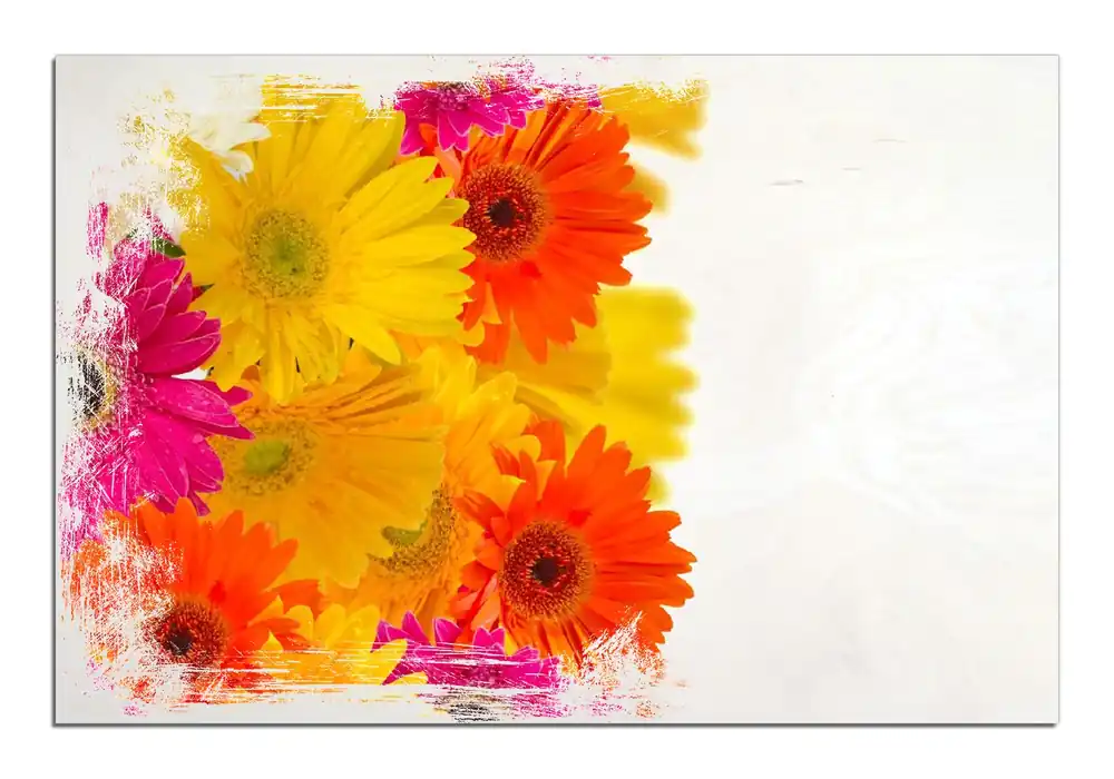 Sofort Bestellen Holzbild Bunte Gerberas - pinke, gelbe, rote und weiße Blüten 60 x 90 cm