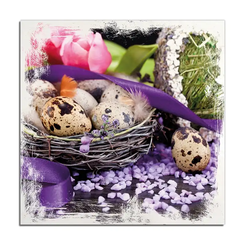 Holzbild Ostern - Stillleben II - Bunte Eier, Herzen und Tulpen 40 x 40 cm Letzte Chance