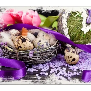 Holzbild Ostern - Stillleben II - Bunte Eier, Herzen und Tulpen 50 x 50 cm Heißes Angebot
