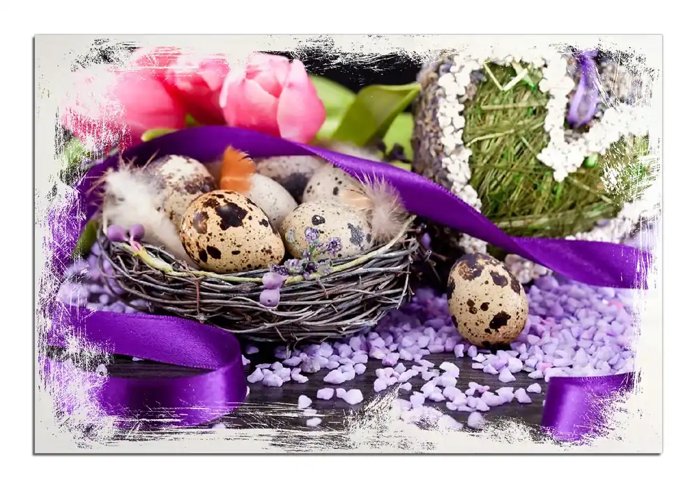 Holzbild Ostern - Stillleben II - Bunte Eier, Herzen und Tulpen 50 x 50 cm Heißes Angebot