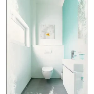 Schnäppchen Holzbild Badezimmer Gästetoilette Innenansicht - WC und Waschbecken 40 x 40 cm