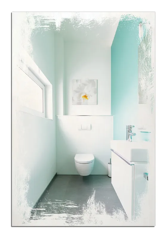 Schnäppchen Holzbild Badezimmer Gästetoilette Innenansicht - WC und Waschbecken 40 x 40 cm