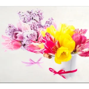 Preis Gesenkt Holzbild Zwei Blumen-Bouquets aus gelben und roten Tulpen und Flieder 50 x 50 cm