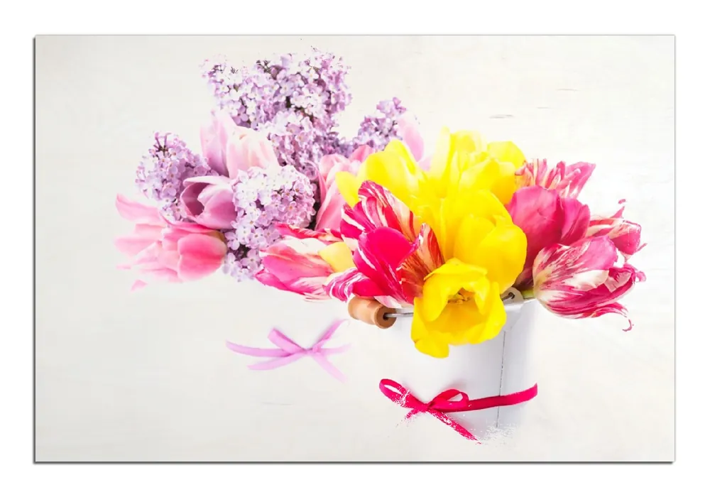 Kracherpreis Holzbild Zwei Blumen-Bouquets aus gelben und roten Tulpen und Flieder 40 x 40 cm