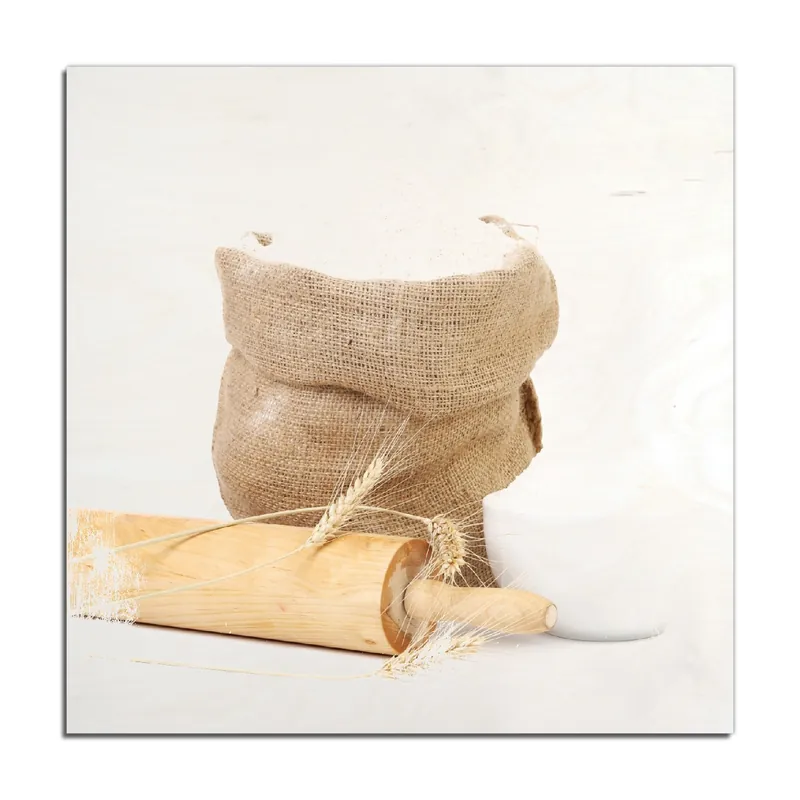 Sale Holzbild Backen-Ensemble mit Nudelholz, Mehl-Sack, Ähren und Zucker 50 x 50 cm