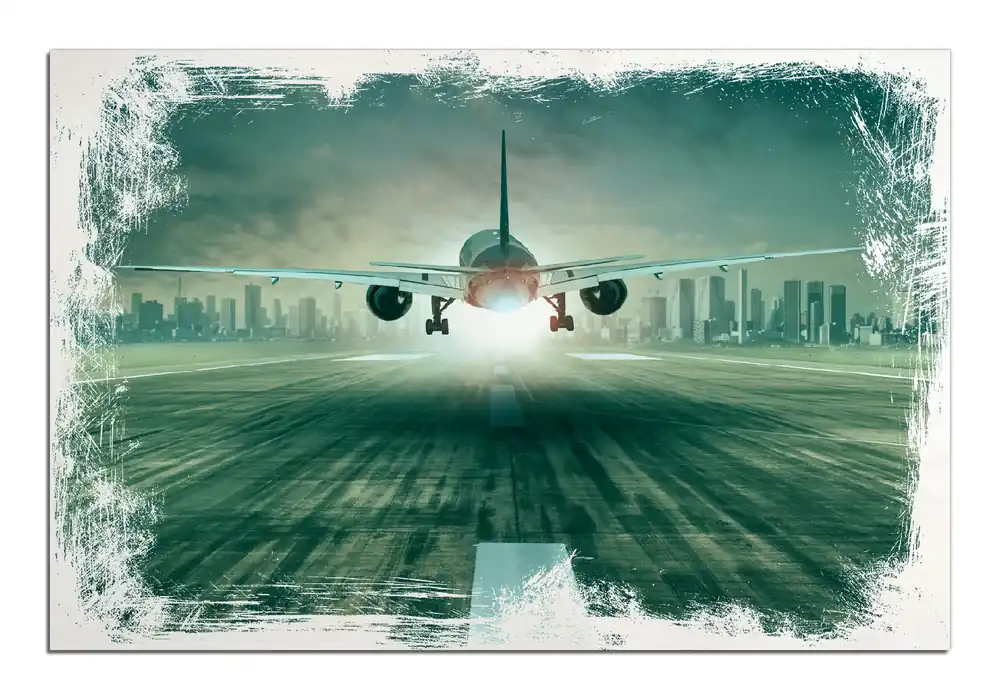 Holzbild Startendes Flugzeug - Landebahn 60 x 90 cm Preisreduziert