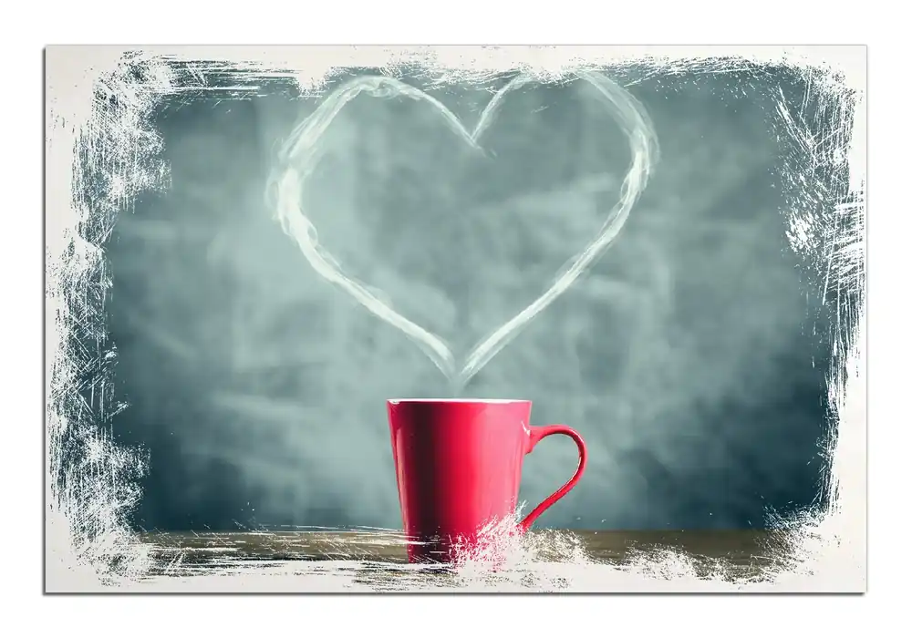 Zertifiziert Holzbild Tasse mit Kaffee - herzförmiger Dampf 60 x 90 cm