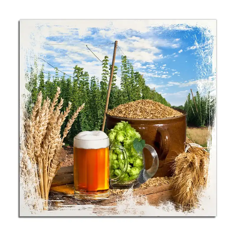 Aktuell Holzbild Frisch gezapftes Bier, Hopfen und Malz 60 x 90 cm