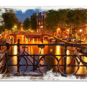 Schnäppchen Holzbild Amsterdam bei Nacht - Brücken und Fahrräder 60 x 90 cm