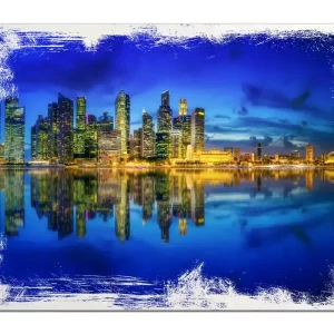 Holzbild Skyline von Singapur in der Abenddämmerung 50 x 50 cm Garantierte Lieferung