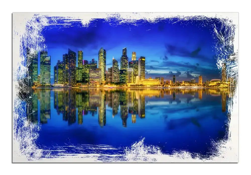 Holzbild Skyline von Singapur in der Abenddämmerung 50 x 50 cm Garantierte Lieferung