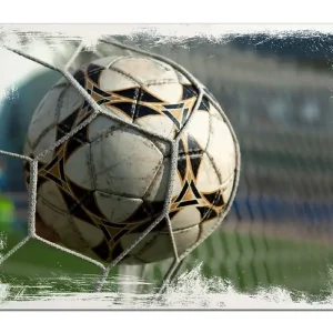 Zertifiziert Holzbild Fußball - Ball im Tor - Bolzplatz 60 x 90 cm