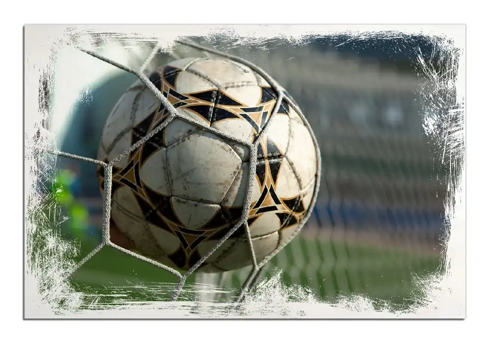 Zertifiziert Holzbild Fußball - Ball im Tor - Bolzplatz 60 x 90 cm