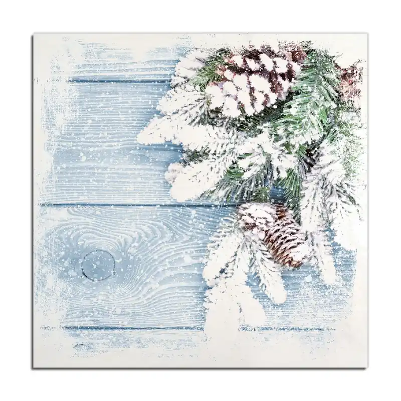 Neue Ware Holzbild Verschneite Tannenzweige auf Holz - Winterdekoration 40 x 40 cm