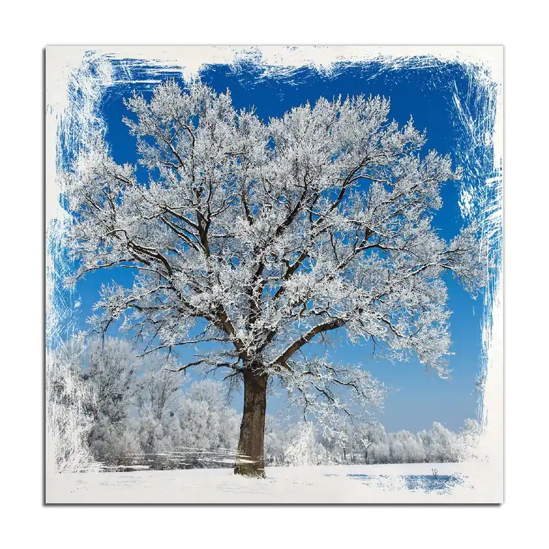 Holzbild Schneebedeckter Baum mit blauen Himmel 60 x 90 cm Sofort Bestellen