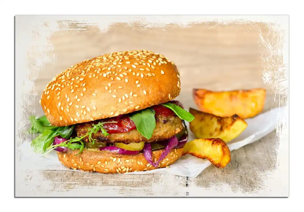 Markenprodukt Holzbild Burger mit frischem Salat und Pommes 60 x 90 cm