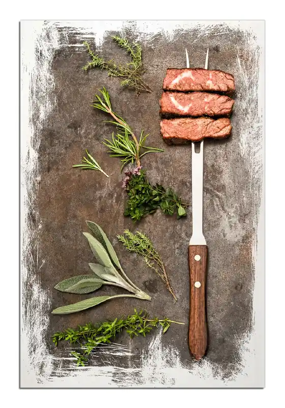 Top-Seller Holzbild Grillfleisch mit frischen Kräutern 60 x 90 cm