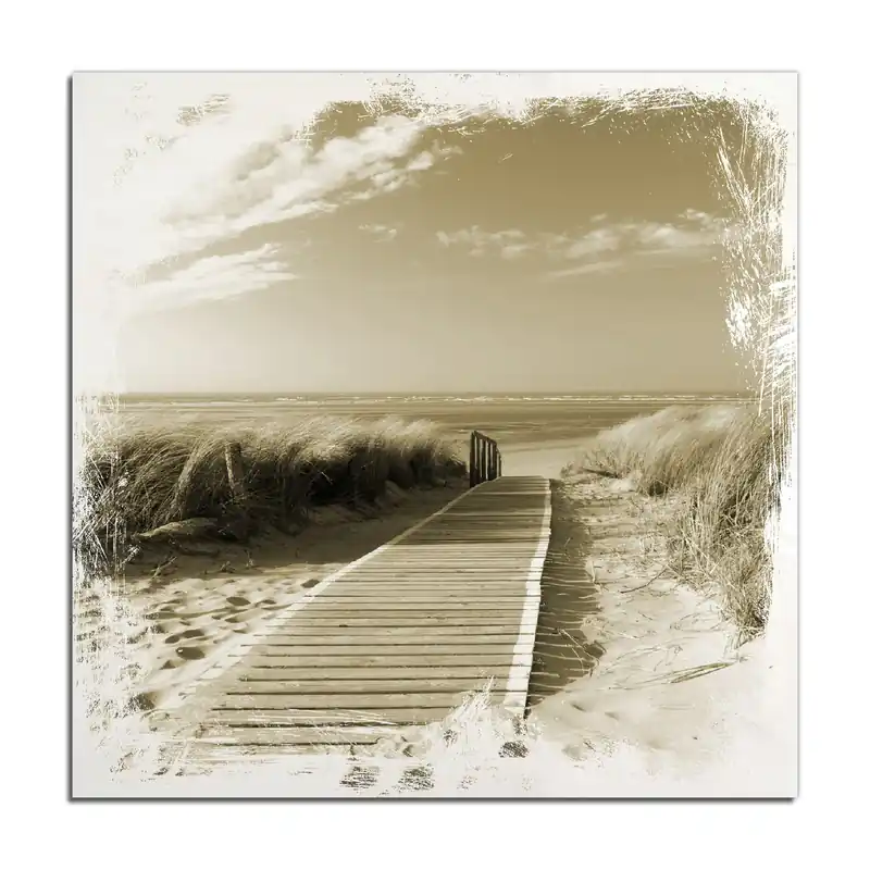 Schnäppchen Holzbild Auf dem Holzweg zum Strand in Sepiafarben 60 x 90 cm