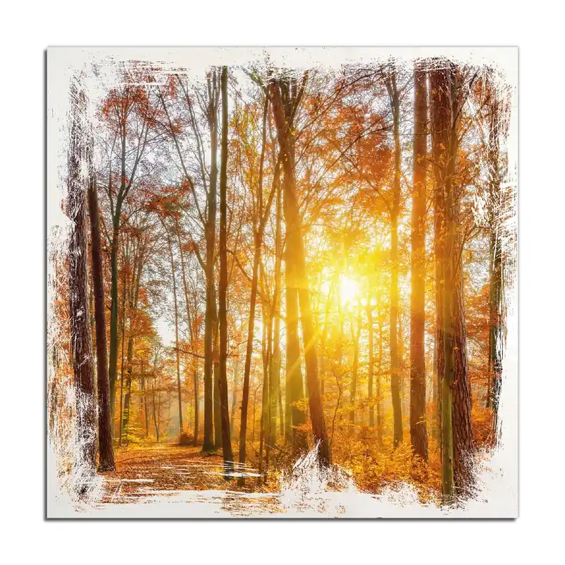 Jetzt Bestellen Holzbild Sonnenuntergang im herbstlichen Wald 40 x 40 cm