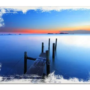 Kostenloser Rückversand Holzbild Steg im Wasser - Abendstimmung am Meer 60 x 90 cm