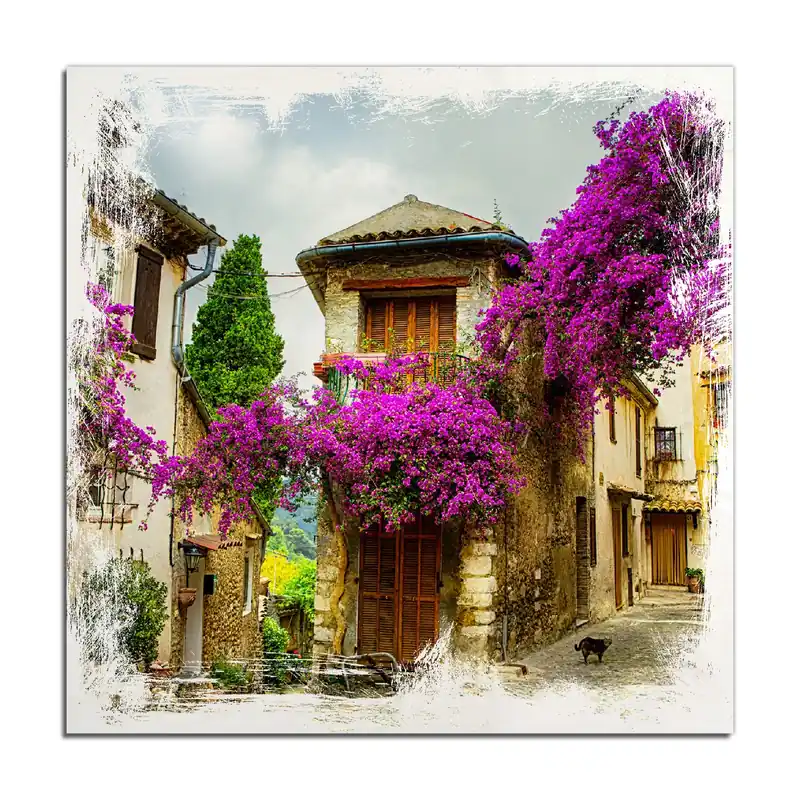 Saisonangebot Holzbild Malerische Stadt in der Provence mit bunten Blumen 40 x 40 cm