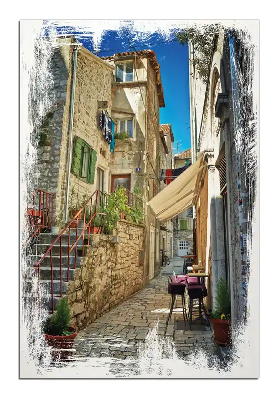 Holzbild Romantische Gasse in Kroatien mitten in der Stadt 50 x 50 cm Beliebt