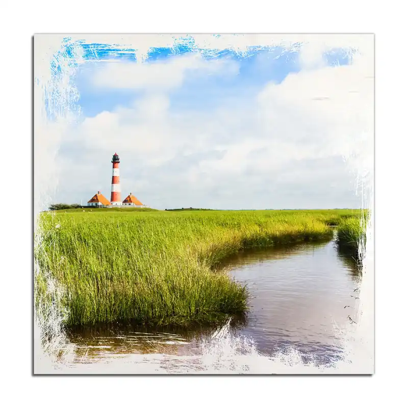 Holzbild Kleiner Bach durch Schilf auf dem Weg zum Leuchtturm 60 x 90 cm Top-Preis