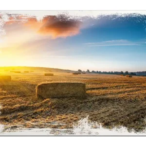 Holzbild Stroh auf dem Feld bei untergehender Sonne 60 x 90 cm Direktkauf