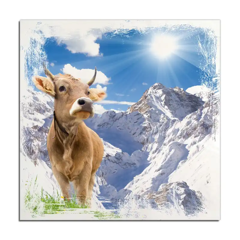 Neue Ware Holzbild Kuh im Sonnenschein in den Alpen 50 x 125 cm