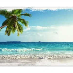 Mega-Angebot Holzbild Sandstrand auf den Seychellen - Urlaub unter Palmen 60 x 90 cm