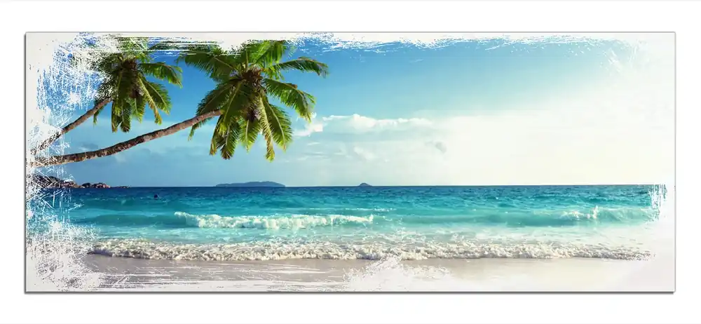 Mega-Angebot Holzbild Sandstrand auf den Seychellen - Urlaub unter Palmen 60 x 90 cm
