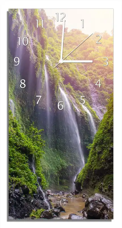 Neue Ware Wanduhr aus Glas Wasserfall im Morgenlicht mit weißen Zeigern, 30 x 60 cm