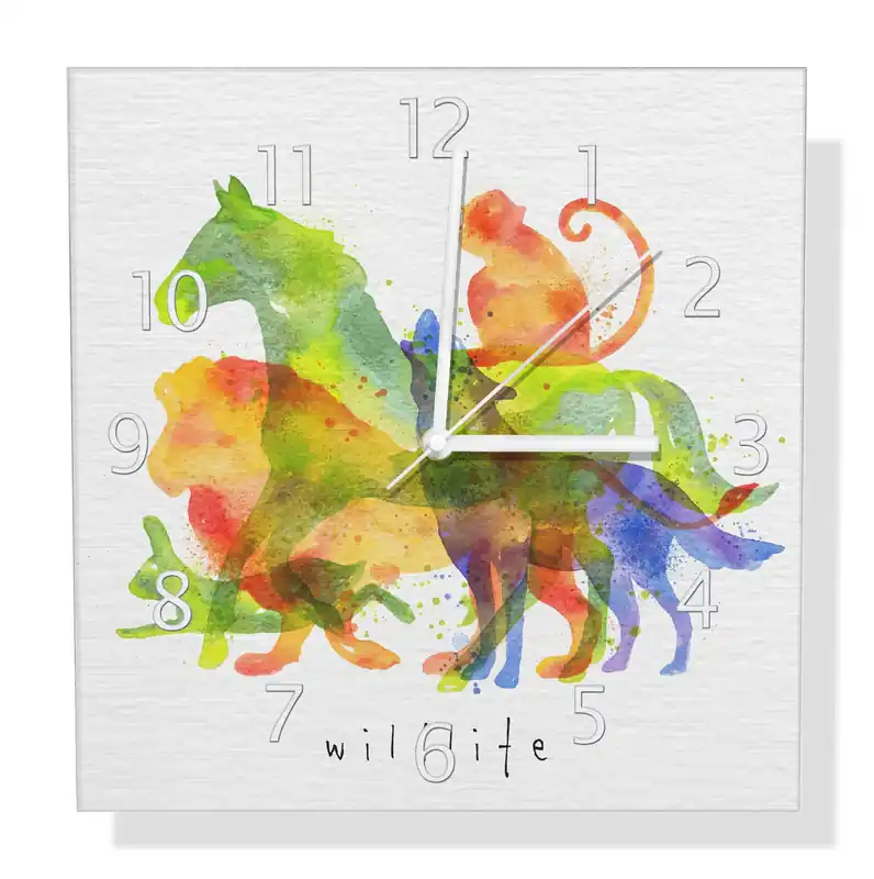 Zertifiziert Wanduhr aus Aluverbund Tierische Vielfalt in Farbe 30 x 30 cm, mit schwarzen Zeigern