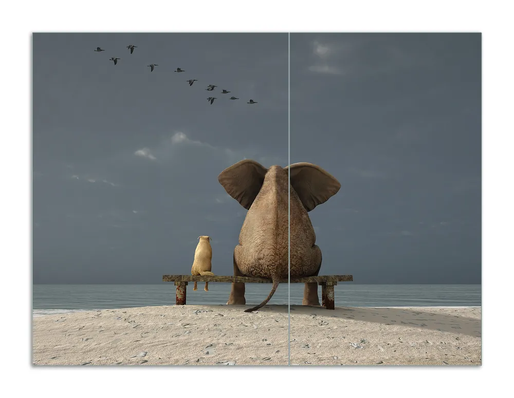 Zertifiziert Herdabdeckplatte Elefant und Hund sitzen auf einer Bank Breite 80 cm x Höhe 52 cm. 1-teilig, 13 mm hohe Noppen