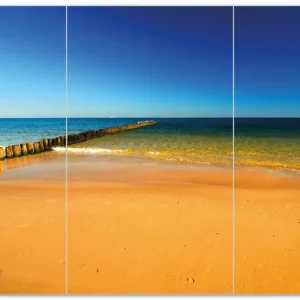 Zertifiziert Herdabdeckplatte Sandstrand in orange - Blaues Meer - Blauer Himmel Breite 80 cm x Höhe 52 cm. 2-teilig, 13 mm hohe Noppen