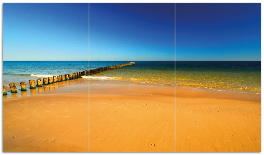 Zertifiziert Herdabdeckplatte Sandstrand in orange - Blaues Meer - Blauer Himmel Breite 80 cm x Höhe 52 cm. 2-teilig, 13 mm hohe Noppen