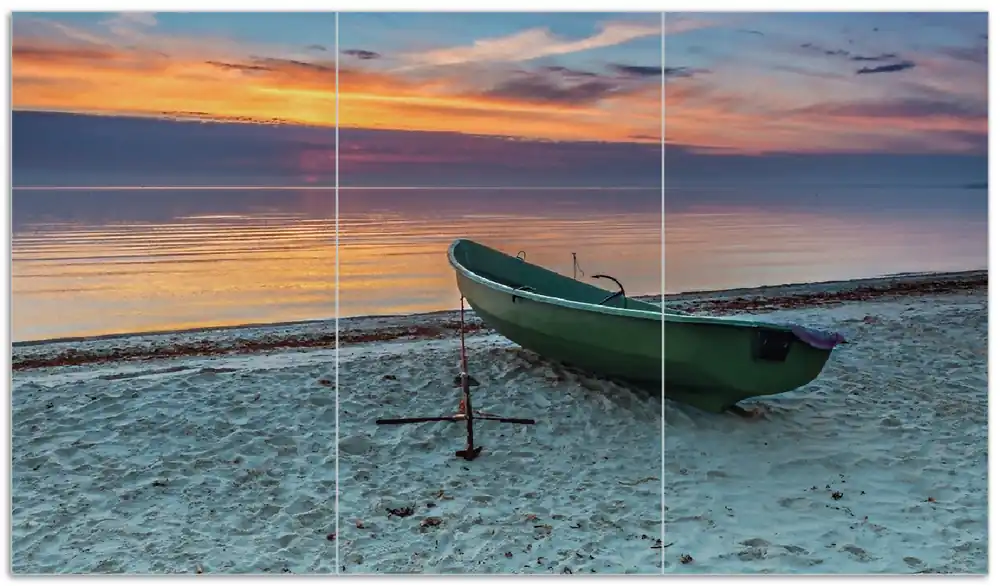 Mega-Angebot Herdabdeckplatte Einsames Fischerboot mit Anker am Strand Breite 90 cm x Höhe 52 cm. 1-teilig, 13 mm hohe Noppen