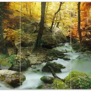Zertifiziert Herdabdeckplatte Wasserfall mit moosbedeckten Steinen im Herbstwald Breite 80 cm x Höhe 52 cm. 2-teilig, 8 mm hohe Noppen