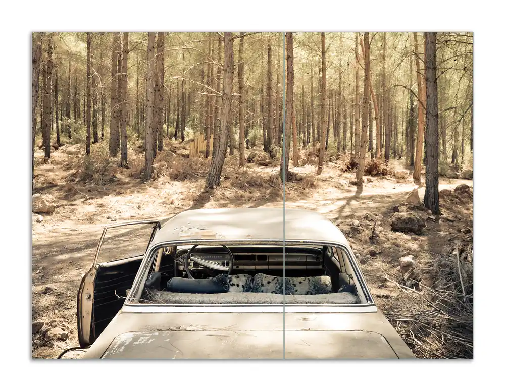Herdabdeckplatte Verrosteter Oldtimer im Wald Breite 80 cm x Höhe 52 cm. 2-teilig, 8 mm hohe Noppen Online Kaufen
