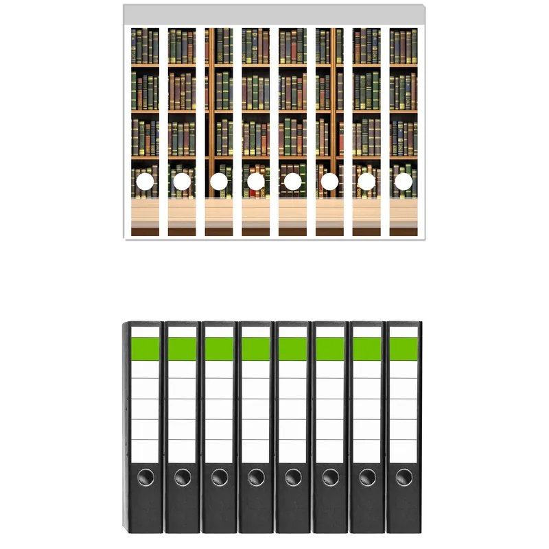 Zertifiziert Ordnerrücken Sticker Bibliothek - Regal voller alter Bücher inkl. breiter Ordner, 6 Sticker