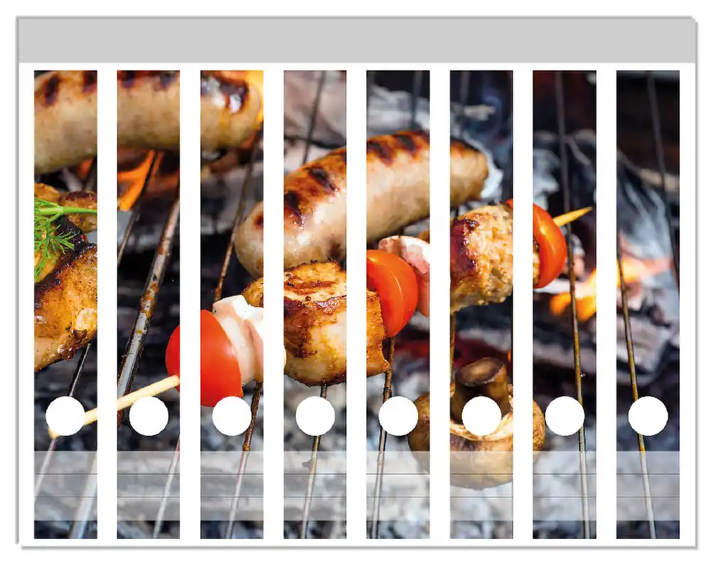 Zertifiziert Ordnerrücken Sticker Schaschlik und Würste auf einem Grill inkl. schmaler Ordner, 12 Sticker