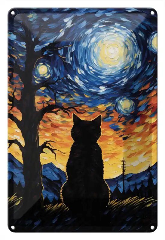 Blechschild Katze im Sternenlicht 30 x 40 cm, aus Stahlblech Nur Heute