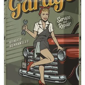 Zertifiziert Metallbild Blechschild Retro 20x30cm Pinup welcome to Garage service 20 x 30 cm