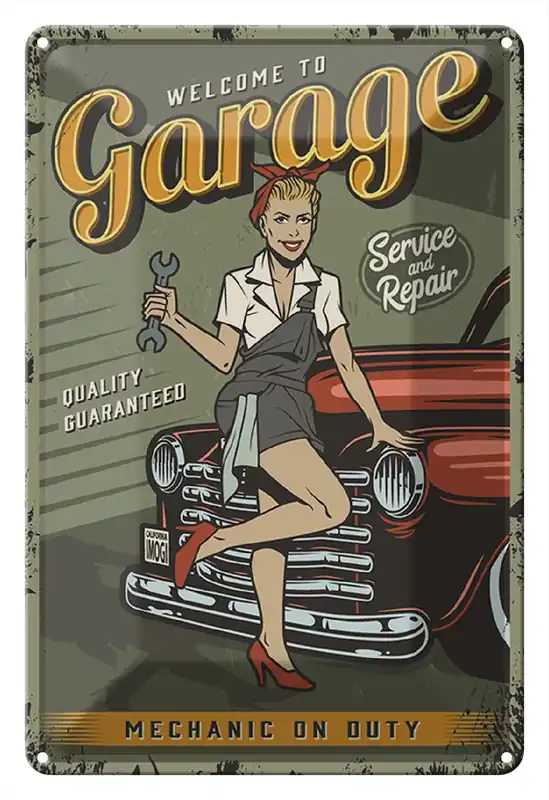 Zertifiziert Metallbild Blechschild Retro 20x30cm Pinup welcome to Garage service 20 x 30 cm
