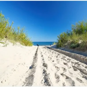 Zertifiziert Poster Auf dem Sandweg zum Strand - Blauer Himmel über dem Meer 61 x 91,5 cm, mit schwarzem Aluminiumrahmen