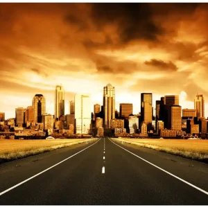 Billig Selbstklebendes Poster Skyline am Ende der Straße 100 x 150 cm