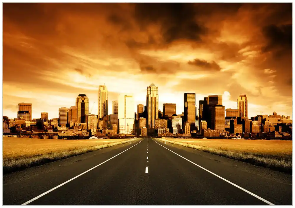 Billig Selbstklebendes Poster Skyline am Ende der Straße 100 x 150 cm